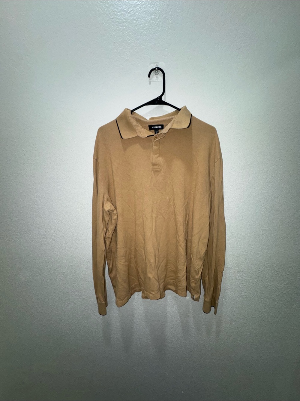Express Men's Long Sleeve Polo in Beige with Contrast Trim